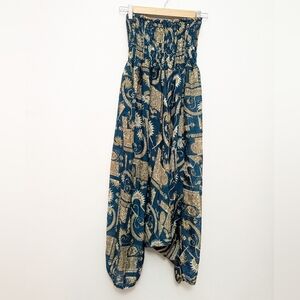 Indian Silk Teal Blue & Gold Printed Harem Pants OS Boho Festival Yoga